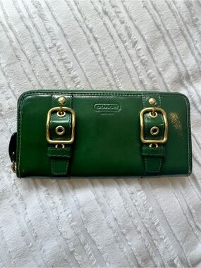 COACH Green Leather Zip Wallet with Gold Buckles